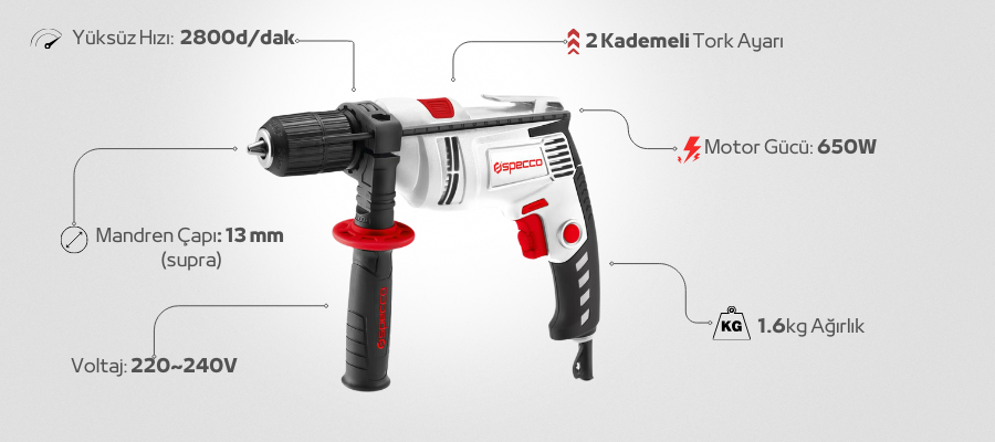 Specco Elektrikli Darbeli Matkap 650W SP-6021A