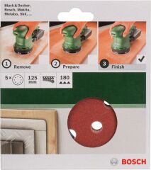 Bosch - Eksantirik Zımpara Kağıdı 5'li, 125 mm 180 Kum 8 Delik
