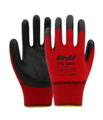 Beybi PN3 Zebra Polyester Kırmızı Örme Nitril Eldiven No:9 -288 Çift