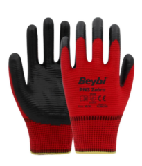 Beybi PN3 Zebra Polyester Kırmızı Örme Nitril Eldiven No:10 - 288 Çift