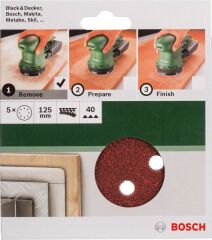 Bosch - Eksantirik Zımpara Kağıdı 5'li, 125 mm 40 Kum 8 Delik