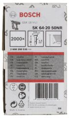 Bosch - Başsız Çivi 20ᵒ 50 mm Paslanmaz 2000li