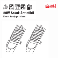 Luster 50W Sokak Armatürü 6500K 5000 Lümen Beyaz Işık